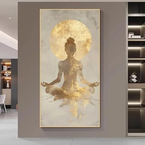 GOSRD Modernes abstraktes Meditationsgemälde auf Leinwand, beige-goldenes Poster für ruhige Meditation, minimalistisch, für Wohnzimmer, Schlafzimmer, Yoga (50 x 100 cm)