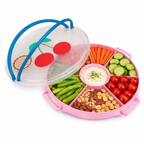 Rice Snackbox mit Fächern rund, Servierplatte mit Deckel, Rosa Kirsche | Snackbox mit 6 Fächern, Deckel und Kirschdesign - ideal für Obst, Dips, Picknick, Party und Brunch.