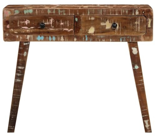 pokgdf Table d'appoint robuste en bois recyclé avec 2 tiroirs - Table en bois massif massif avec une histoire de table console en bois recyclé massif pour couloir, salon et entrée