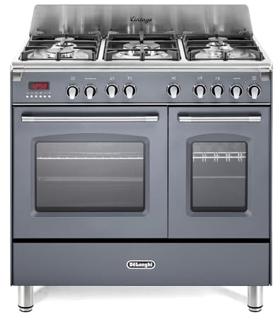 De'Longhi MEM 965T GX ED Gasherd, 90 cm, elektrischer Multifunktions-Doppelofen, 5 Brenner, Vintage-Design, Farbe schiefergrau, Energieklasse A