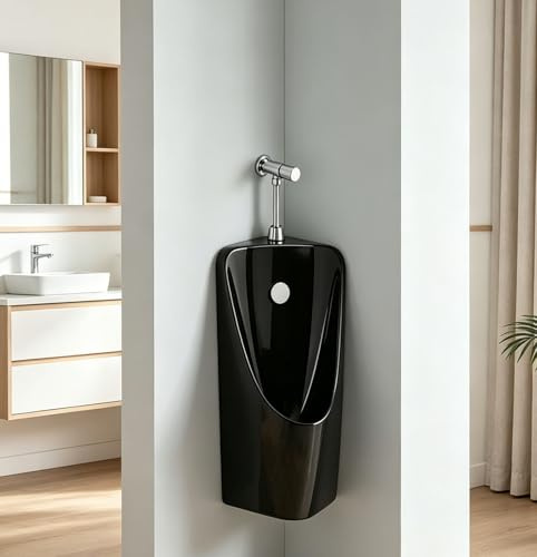 Small Spaces Universal Corner Ceramic Urinal, Wall Mount Compact Men's Urinals with Flush Valve, Men Porcelain Urinal for Garage/Hotel/Home(Black)