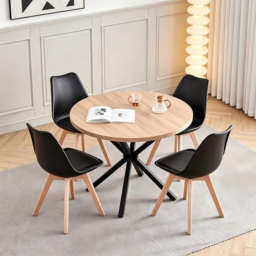 DEYARNA HOME Essgruppe Set Runder Tisch 100 cm mit 4 Skandinavische Stühle, Massivholz-Buchenbeine aus Kunstleder-Sitzkissen für Küche, Esszimmer, Wohnzimmer & Büro (Schwarz+Helle Holzoptik)