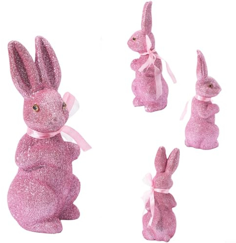 NINMORTH Festlicher Glitzer-Osterhase aus Schaumstoff mit Schleife, 22 cm, niedliches Kaninchen-Ornament für Urlaub, Heimdekoration, Tischdekoration (Rosa)
