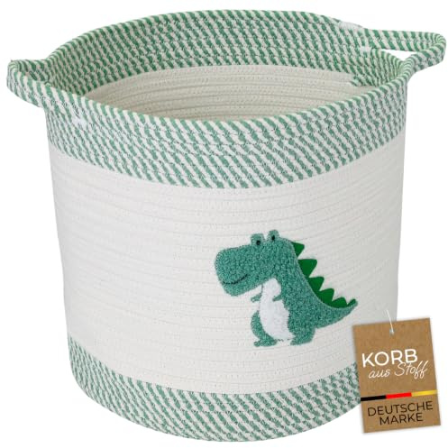 HMF Aufbewahrungskorb mit verlängerten Griffen, runder Korb aus Baumwolle für Kinderzimmer oder Babyzimmer | Dinosaurier | 30,5 x 30,5 cm