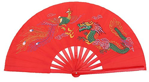 VGEBY Eventail Chinois en Motif de Dragon et Phénix Ventilateur Pliable de Boxe Taiji Kung-fu Cadeau de Mariage en Bambou et Tissu Soie - Rouge
