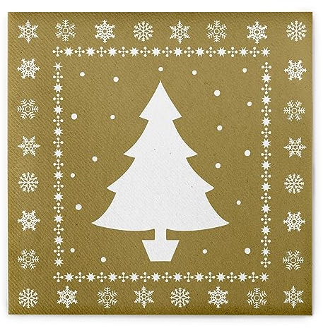 Sovie HOME Serviette WHITE TREE in Gold aus Linclass® Airlaid, Einweg Weihnachtsserviette stoffähnlich, Weihnachten Tannenbaum Schneeflocken, 40x40 cm,12 Stück