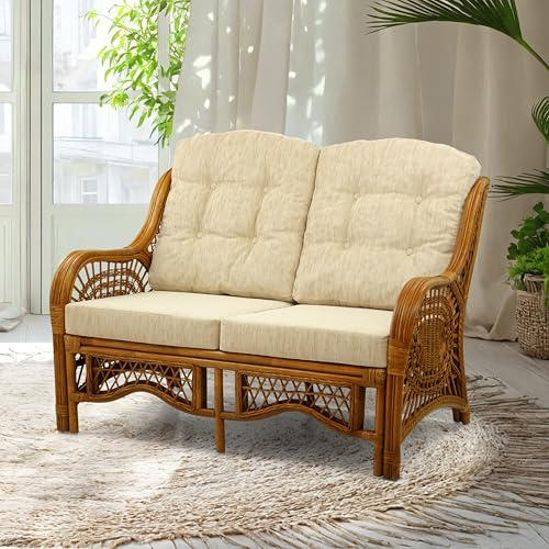 Wickerix Malibu Lounge Loveseat Sofa Natural Rattan Wicker Handmade Design with Cream Cushions, Colonial Color
