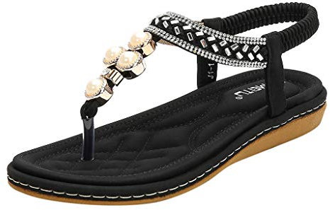 Susenstone Sandales Femmes Plates, Chaussures Boheme ÉTé Nu Pieds à Talons Plates à Bouts Ouverts Plage Semelle Confortables Grand Taille Vintage Romaines 2019 Noir Beige Bleu