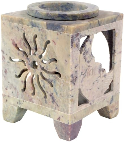 Indische Duftlampe, ätherischer Öl Diffusor, Würfel Sonne & Mond | Handgearbeitet aus Speckstein, filigrane Ornamente, abnehmbare Schale, für Aromatherapie, einzigartiges Design