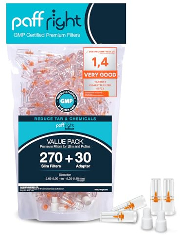Paffright Slim 270 Filtri Per Sigarette Slim E Roll-Up, 30 Adattatori | Punte Di Filtri Riutilizzabili, Rimuovono Catrame E Sostanze Chimiche Per Un Fumo Più Pulito, 30 Adattatori Super Slim