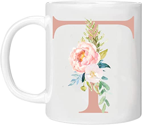MOBILE STUFF Personalised Floral Mug Letter T -Any Alphabet 11oz Ceramic Coffee/Tea Cup Gift for Christmas, Birthday, Secret Santa, Mother’s Day or Father’s Printed Glitter, NOT Real Glitter (Rose T)