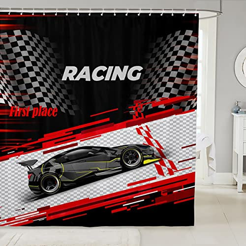 Boys Race Sport Car Shower Curtain Racing Car Fabric Shower Curtains for Kids Boys Girls Geometric Racing Grid Bathroom Waterproof with 12 Hooks Cool Sports Curtains,72x72 Inch