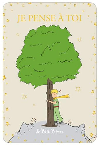 Karte Kleiner Prinz, der symbolisch einen Baum umarmt und träumt – Maße: 17 x 5 cm