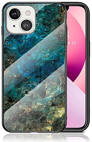 IMEIKONST Compatible with iPhone 13 Mini 5.4 inch Glass Case, Marble Slim Shockproof Glossy Soft Silicone TPU Stylish Protective Rubber Bumper Cover for iPhone 13 Mini. Emerald Blue LSM