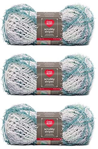 Red Heart Scrubby Stripes Cool Mint Garn – 3 Stück 85 gr – Polyester – 4 Medium (Kammgarn) – 73 m – Stricken/Häkeln