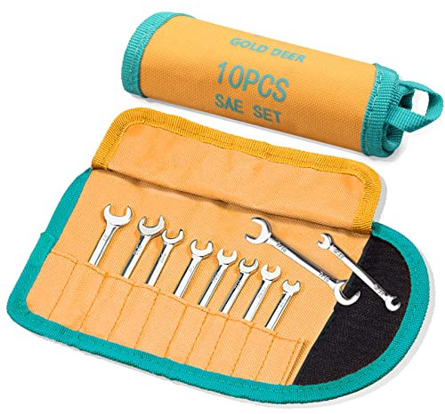 GOLD DEER 10 Pcs Mini Double Open End Wrench Set Standard SAE 5/32-7/16 Extra Slim Open End Angle Wrench with Storage Roll Pouch, Small Double Open End Spanner Wrench Set Ignition Wrench Set