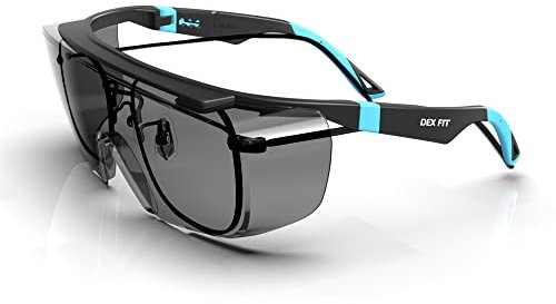 DEX FIT Safety Over Glasses SG210 OTG; Sunglasses that Fit Over Your Eyewear, Z87 Eye Protection, Fog & Scratch Resistant, Adjustable for Women & Men, UV Protective (Black & Blue Frame, Tinted Lens)
