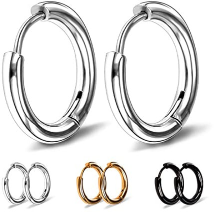 3 Paare Edelstahl Creolen Ohrringe für Herren und Damen - Klein 8MM in Schwarz, Silber und Gold