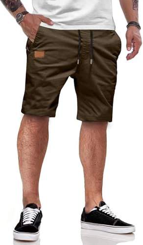 JMIERR Kurze Hosen Herren Shorts Herren Sommer Chino Baumwolle Elastische Taille mit Taschen Braun L