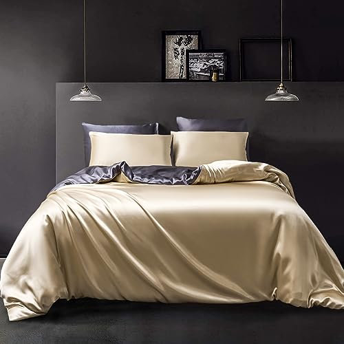 YASMENG Satin Bettwäsche 135x200 4teilig Beige Dunkelgrau Bettbezug Set Seide Bettwäsche Satin Glatt Glänzend Seidig Weiche Wendebettwäsche mit Reißverschluss und 2 Kissenbezüge 80×80 cm
