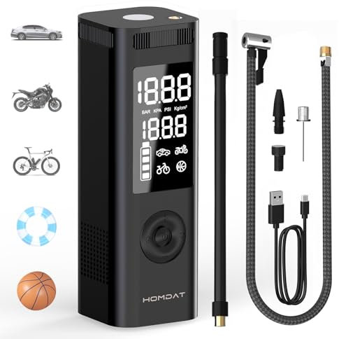 homdat Elektrische Luftpumpe für Reifen, 150PSI 7800mAh Tragbare Akku Fahrradpumpe für Mehrzweckauto, kleine Kompressor für Autoreifen, Fahrradreifen, Motorräder und Aufpumpbare Produkt, Schwarz