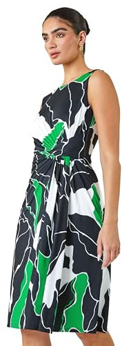Roman Originals Ruched Waist Dress for Women UK - Ladies Twist Knot Waisted Wrap Stretch Jersey Knee Length Business Smart Work Office Formal Evening Drape - Petite Green - Size 14