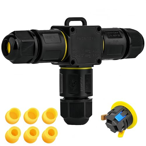 Tynoscco Kabelverbinder Wasserdicht 3 polig, T-Form 3-Wege IP68 Wasserdichte Kabelverbinder 4-12 mm Kabeldurchmesser, Verteilerdose außen, 3-Leiter, Verbindungsklemme mit Hebel für Outdoor,Schwarz