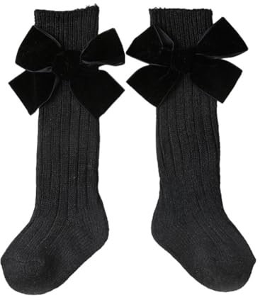yuwqqoajv Umweltfreundliche und atmungsaktive Kinder Weihnachtssocke mit großer Schleife, leichte, kniehohe, gerippte Stricksocken aus Baumwolle für Mädchen, langlebig, schwarz S