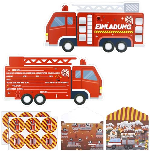 SHOWHEEL 12 Stück Feuerwehr Einladungskarten, Feuerwehrauto Einladungskarten mit Umschläge, Feuerwehrauto Partyeinladungen, Feuerwehr Kindergeburtstag, Einladungskarten Kindergeburtstag Junge