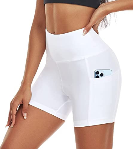 ACTINPUT Radlerhose Damen mit Taschen High Waist Yoga Shorts Kurze Leggings Blickdicht Sporthose Hotpants(Weiß,S)