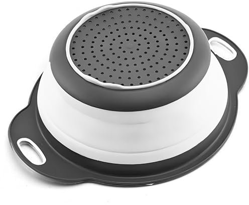 White Round Silicone Collapsible Colander – Silicone Round Kitchen Strainers with Plastic Handles Small Foldable Kitchen Strainer Perfect for Draining Pasta Vegetable and Fruit