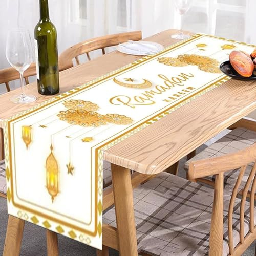 RamadanTischläufer Mehrfarbig 35 x 180 cm Ramadan Leinen Tischdecke Muslim Islamische Iftar Tischdecke Deko mit Gold Stern Mond Laterne Moschee für Tisch Dekoration Drinnen Urlaub Party (Weiß)
