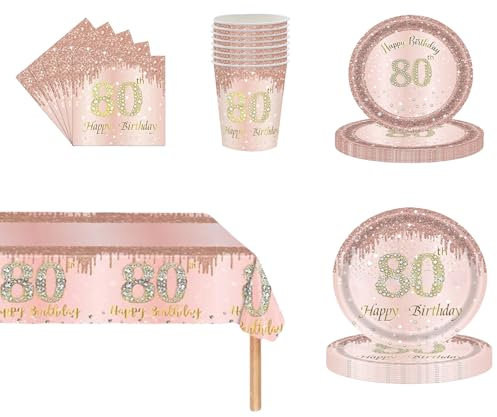 69Pcs Rose Gold 80th Birthday Party Tableware,Pink 80th Birthday Tableware Set with 32P Paper Plates,20P Napkins,1P 80th Table Cloth,16P Paper Cups for Women Her Birthday Party Table Decoration