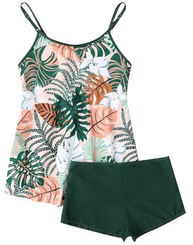 Maillot de Bain Shorty Femme 2 Pieces Taille Haute Sexy Tankini Femme Gainant Menstruel Push Up D'été Bikini Chic Plage Pas Cher Beachwear Vêtements Cadeau Femme(Vert,S)