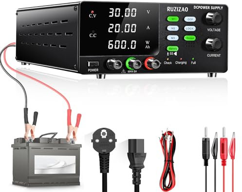 RUZIZAO Fuente de Alimentación Regulable 30V 20A 600W, Alta Potencia Laboratorio Fuente de Alimentación CC con Botón Codificador Carga de DC Baterías 6V 12V 24V de Memoria Funcionalidad/OCP Botón