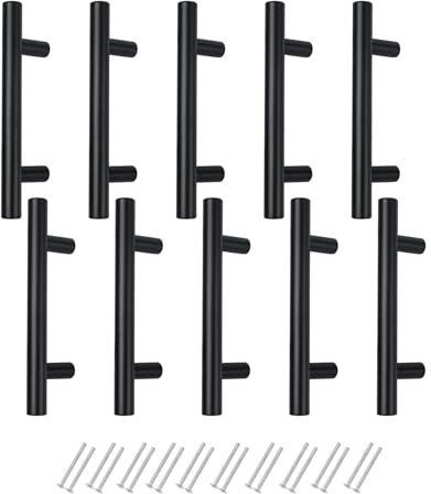 Anhoer 10 Pack Black Kitchen Cupboard Handles - 76mm Hole Centre T Bar Handles in Stainless Steel