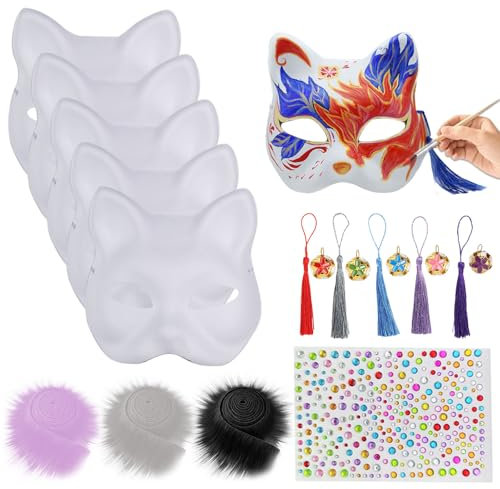 5 Pezzi Maschera Gatto, Therian Mask con Nappe, Campanelle, Pelliccia, Adesivi Cristallo, Maschere Carta Dipinte Mano, Maschera da Gatto Adatto per DIY Halloween Mardi Gras Festa Maschera (Bianco)