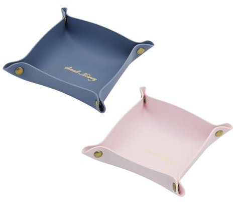 WisePoint Vide Poche 2, PU Cuir Plateau Bijoux pour les Hommes et les Femmes, Petit Plateau Élégant pour Idéal pour Salon, Chambre à Coucher, Étude, Bureau (rose + bleu)