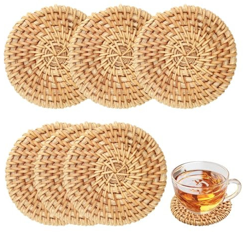 Ensemble de 6 Dessous de Verre en Bois Rond et Rotin, 8cm, pour Boissons et Décoration de Table Basse, Artisanat Unique, Isolation Thermique, Style Campagnard