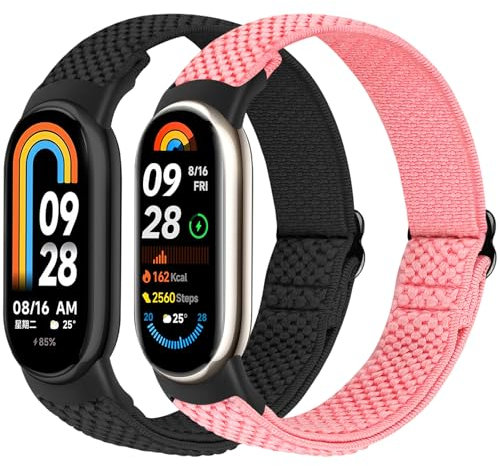 BTTNG Cinturino elastico in nylon compatibile solo con Xiaomi Smart Band 10/9/8, cinturini elastici regolabili in nylon sportivo di ricambio per Xiaomi Mi Band 8/9/10 Uomini Donne (2 pz.), Nero + rosa