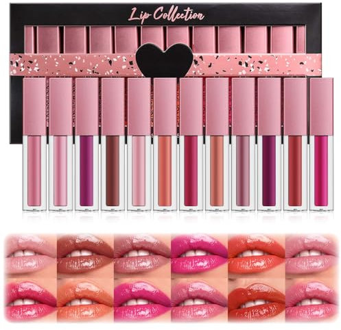 12 Farben Lipgloss Set, Mirror Lippenstift Set, Make Up Set Lippenstift 24 Stunden Halt, Wasserfester, Feuchtigkeitsspendend, Non Fading, High Pigmented, Glanz Lipstick Makeup Geschenkset für Frauen
