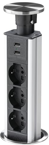 TORRETTA Incasso Cucina Isola Tavolo Scrivania ESTRAIBILE Pop Up A SCOMPARSA 3 prese schuko UNIVERSALI, 2 prese usb, cavo 1,8 metri, Ø foro 80 mm. struttura alluminio, coperchio in inox satinato