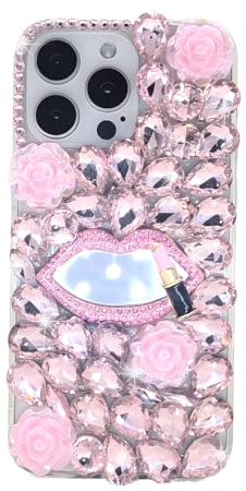 Ymyhyuxi Cases for iPhone 8 Plus Case Bling Diamond 3D Luxury Sparkle Glitter Crystal Rhinestone Lips Mirror Cover（Pink）