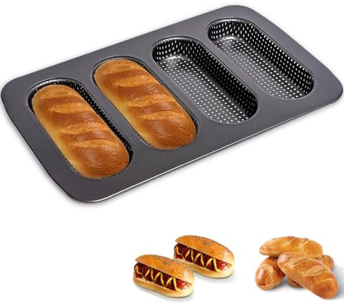 BLLREMIPSUR Mini Baguette Tray, Perforated French Stick Loaf Baking Molds Pan, Non-Stick Hot Dog Bun Baking Tray, Mini Sandwich Mold, for Crispy Loaves & Rolls, 13.6 x 8.4 x 1.1 inch