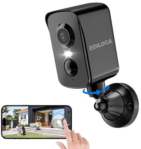 Ediloca Telecamera WiFi Interno/Esterno, Videocamera Sorveglianza 2K 3MP Senza Fili Batteria Ricaricabile, Rotazione 300°, Rilevamento Umano PIR, Visione Notturna a Colori, Impermeabile IP65