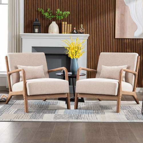 Living Room Armchair Modern Accent Chair, Lounge Single Sofa Chair Reading Arm Chairs for Bedroom with Extra Thickened Seat Solid Wooden Frame, Tub Chairs(2, Beige)