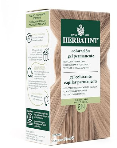 Herbatint Tinte Permanente para Cabello 8N Rubio Claro - 170 ml | Sin Amoníaco, 100% Cobertura de Canas | Dermatológicamente Probado, con 8 Extractos Naturales