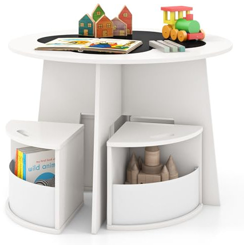 COSTWAY Kids Table and Chairs Set, 5 Pieces Toddler Activity Furniture with 4 Storage Stools, Chalkboard Tabletop, Children Table and Chair Set for Boys Girls (White)