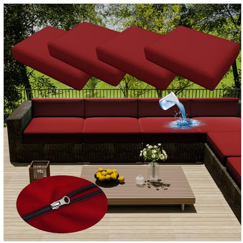 4 wasserdichte Sofa-Sitzkissenbezüge mit Reißverschluss, abnehmbare Stuhl-Sitzpolster für drinnen und draußen, Terrasse, Rattanmöbel, Weinrot, 65 x 65 cm