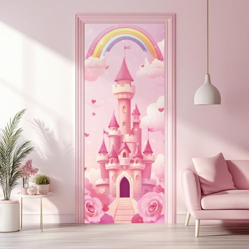 arricraft 2 Pcs Self-Adhesive Door Sticker, 31.5x78.7 Pink Castle Door Murals Stickers with Love Clouds Stars Rainbow Roses Pattern PVC Door Removable Wallpaper Decoration for Bedrooms Living Room